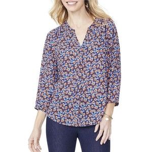 NYDJ Womens Small Button Up Blouse Pintuck Peasant Top Floral Blue Relaxed  NWOT